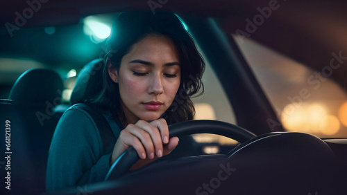 Female driver fell asleep at the wheel of car while traveling at night, emergency situation