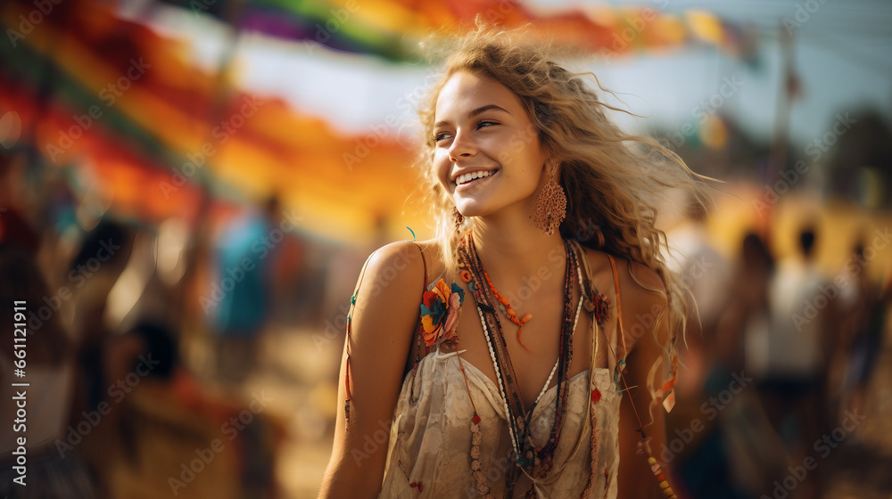 Summer Fun, Joyful Girl Embracing the Festival Vibes, with copy space for text
