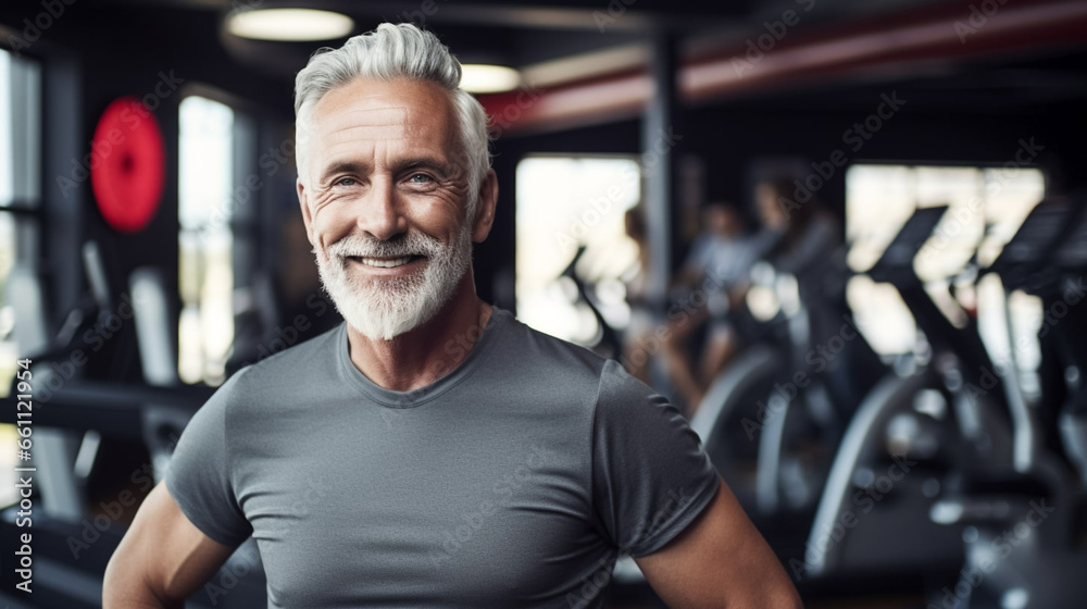 Fototapeta premium copy space, stockphoto, Portrait of senior man working out gym fitness, fitness concept. Elderly man in good shape and good health. Active elderly man. Healthy people. Good life insurance. 