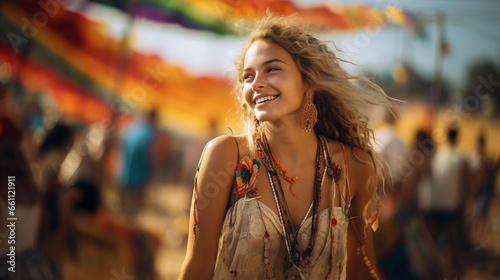 Summer Fun, Joyful Girl Embracing the Festival Vibes, with copy space for text