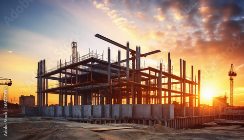 A construction site silhouetted against a picturesque sunset, where structural steel beams are being used to erect massive residential buildings, combining the beauty of nature and human ingenuity. photo