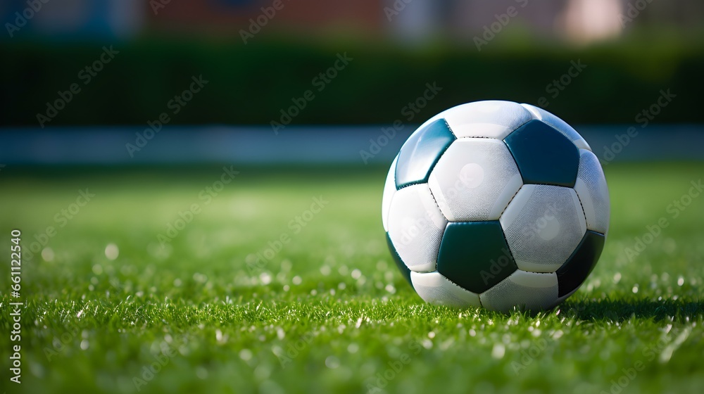Close up of a Soccer Ball with white and cyan Patterns. Blurred Football Pitch Background