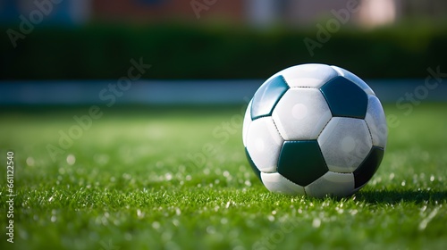 Close up of a Soccer Ball with white and cyan Patterns. Blurred Football Pitch Background © drdigitaldesign