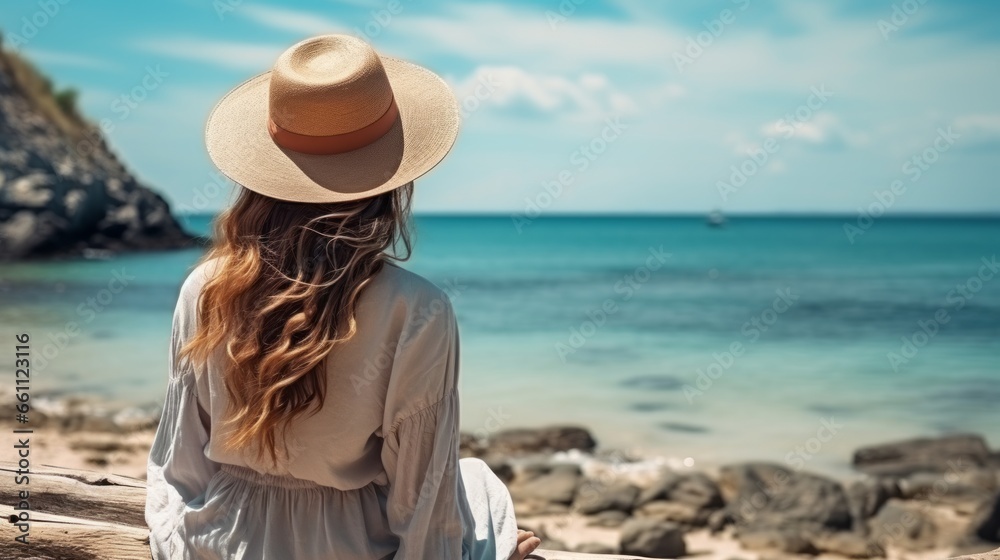 rear view of travel influencer vlogger woman walking along near beach sand seaside travel concept daylight moment