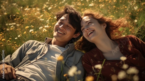 romance lover couple sit relax carefree casual lifestyle in garden grass field smiling cheerful happiness conversation laugh joyful summertime sunset moment lovers sit in garden