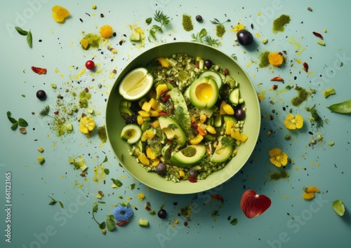 A vibrant bowl of sliced avocados and fresh vegetables