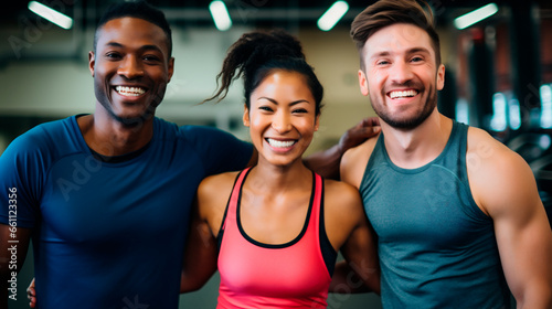 Portrait of three multi-ethnic friends, Afro, Caucasian and Asian smiling at the camera in sportswear. Resting moment at the gym