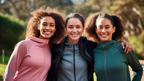 Portrait of three multiracial friends posing smiling in sportswear in a park, a moment of relaxation and fun. © Carlos Cairo