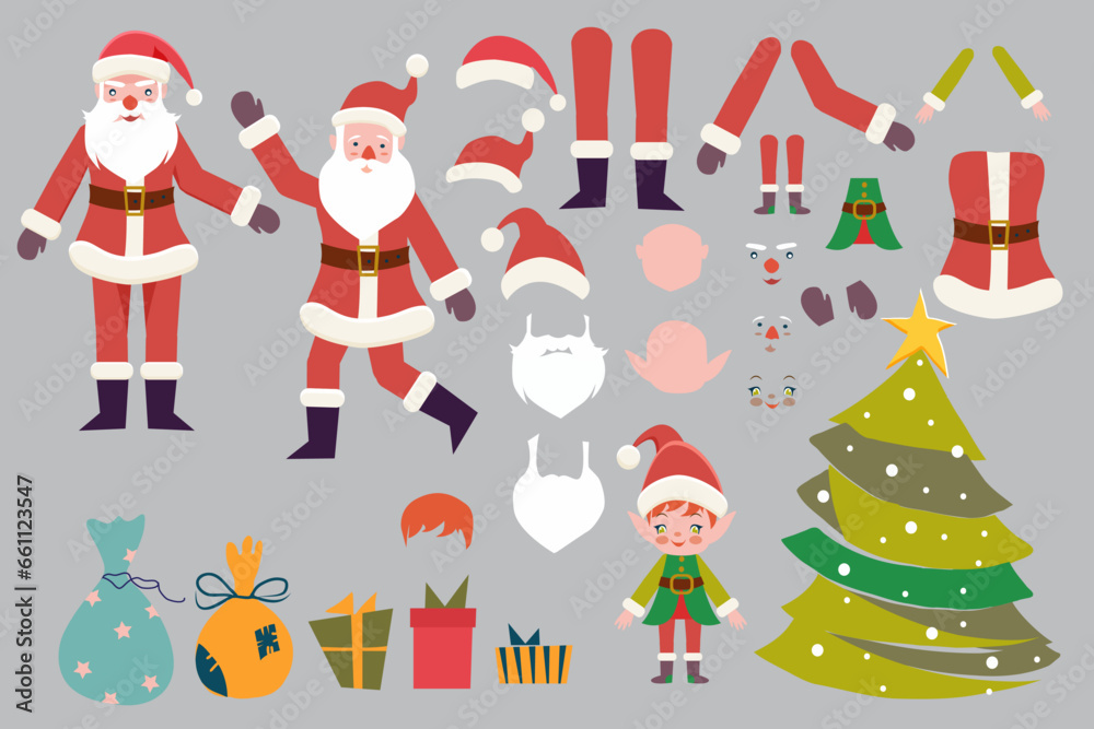 Flat Santa character constructor, moving arms and legs, combination of hats and faces. Xmas tree with  presents, bag, cute elf, white mustache, beards. Vector illustration.