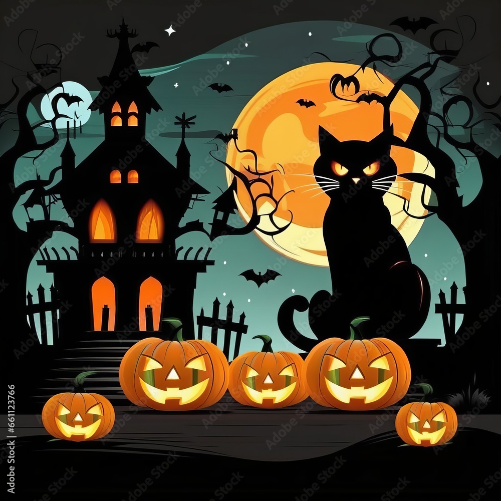 Halloween pumpkin head jack lantern with burning candles, Spooky Forest with a full moon and wooden table, Pumpkins In Graveyard Halloween pumpkin head jack lantern with burning candles, Spooky Forest with a full moon and wooden table, Pumpkins In Graveyard