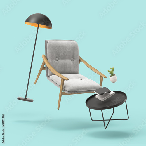 Photos Zero gravity white interior living room 3 D Illustration
