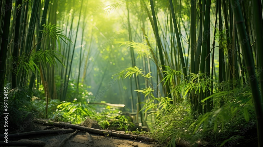 Fototapeta premium Into the Jungle: Experience the lush greenery of a bamboo grove from a low angle view, where towering trees create a serene canopy