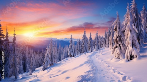 Fantastic evening landscape in a colorful sunlight. Dramatic wintry scene. Beauty world. Retro style filter. Happy New Year. Snow forest