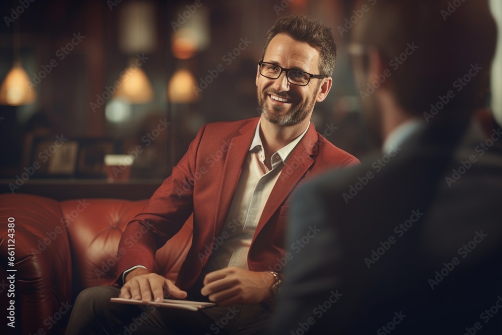 Two young business person discussing something in the cafe Two young business person discussing something in the cafe