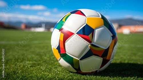 Close up of a Soccer Ball with white and multicolor Patterns. Blurred Football Pitch Background