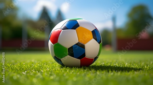 Close up of a Soccer Ball with white and multicolor Patterns. Blurred Football Pitch Background