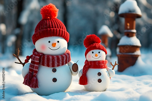Two snowmen in red scarves and hats stand together in the snow. Winter Christmas greeting card. © Katerina Bond