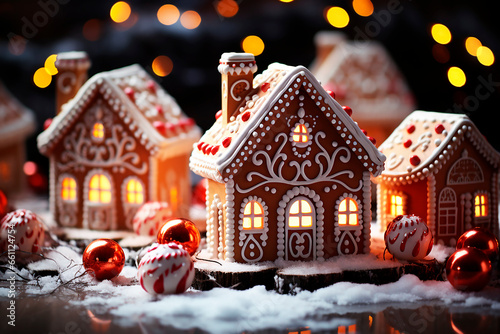 A cute Christmas gingerbread house, beautifully decorated with sweet icing. Christmas baking concept.