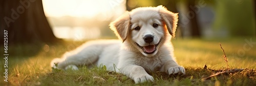 cute happy puppy dog on the grass in the park