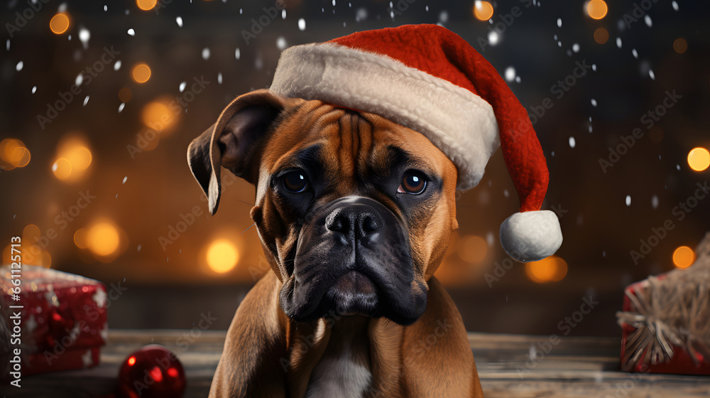 A Boxer dog wearing a red Christmas Santa Claus hat with gifts, Generative AI.
