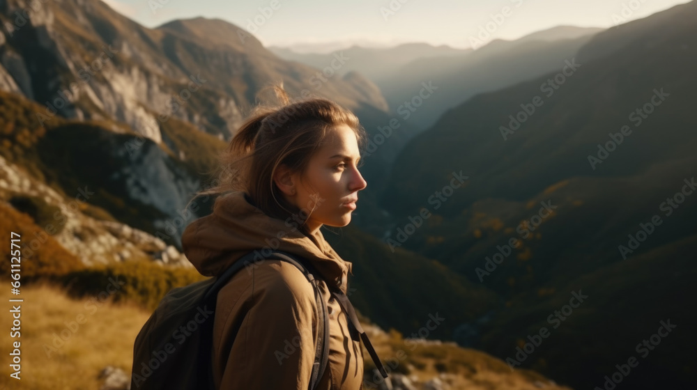 Woman with a backpack is standing on top of a mountain. Woman with a backpack is standing on top of a mountain.