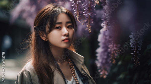 Young asian woman standing in front of purple flowers.