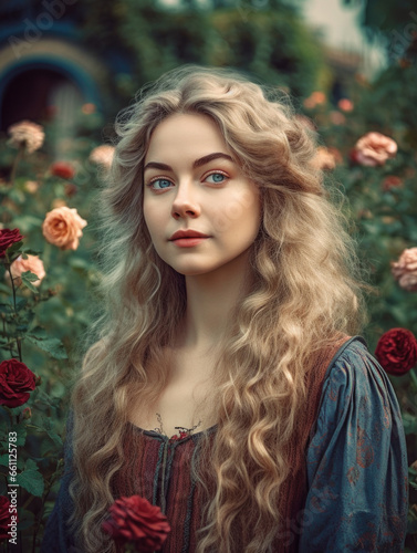 Young woman in a medieval dress is standing in a field of roses.