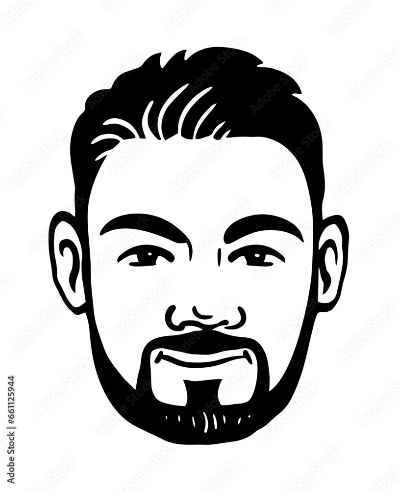 Portrait of a young man with a beard. Head avatar. Black and white illustration sketch. Hand drawn style