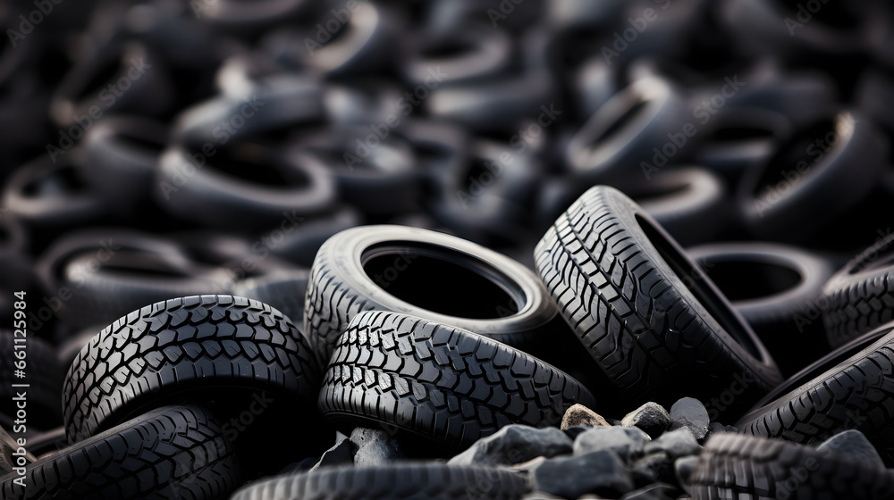 Used tires, piles of old tires and wheels for tire recycling Stock