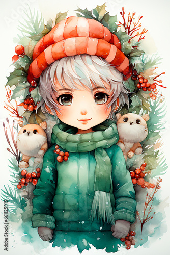 Watercolor illustration, a cute child in green clothes with a wreath of autumn leaves on her head.