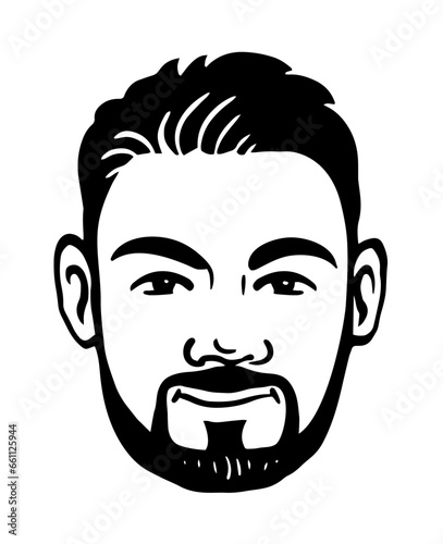 Portrait of a young man with a beard. Head avatar. Black and white illustration sketch. Hand drawn style