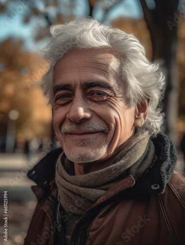 Older man smiling in a park.