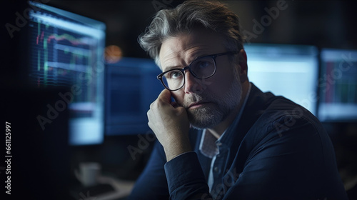 Man in glasses sitting in front of a computer screen.