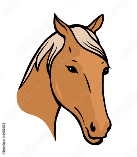 Portrait of a beautiful horse. Horse head. A elegant animal with a mane and hooves. Cartoon vector illustration isolated on white background. Hand drawn line