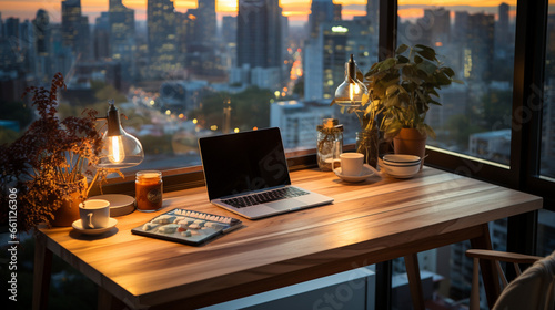 A stylish intern's desk with a view, highlighting the harmony between work and aesthetics