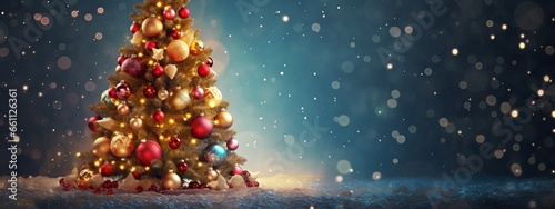 christmas festive greeting celebrate background christmas tree and beautiful decorate ornament with blur shiny lighting bokeh free copyspace for creative ideas