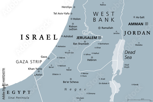 Part of the Southern District of Israel, gray political map, with the Gaza Strip, bottom half of West Bank, Dead Sea, and with borders and most important cities in this region. Illustration. Vector.