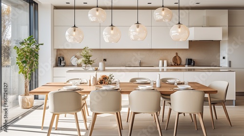 contemporary house design creative decor dining area in natural minimal natural material colour scheme warm and cosy feeling clean and clear space organize house beautiful background,ai generate © VERTEX SPACE