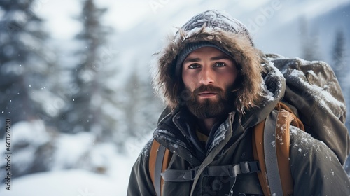 A young hipster adventurer embarks on a winter journey through the untamed wilderness, capturing the essence of active winter exploration