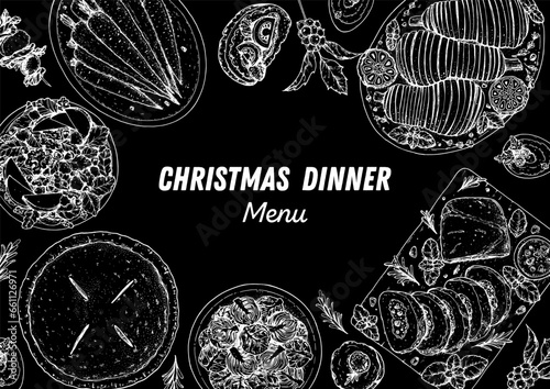 Christmas food. Christmas dinner. Holiday menu. Food design template. Engraved style background. Food and drink set. Hand drawn sketch, design template.