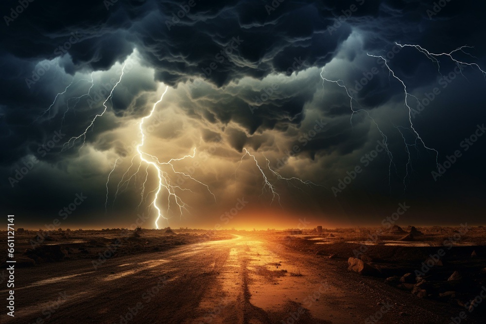 Intense storm with electrifying thunderbolts illuminating the ground amidst menacing dark clouds. Generative AI