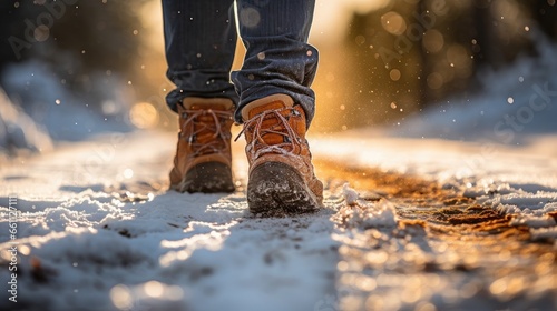 Close-up of warm boots treading the snow-covered hiking trail – an ode to the adventurous spirit in the heart of nature's cold embrace