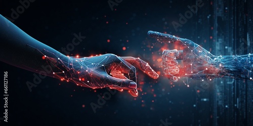 Hand of businessman touching hand artificial intelligence meaning technology connection photo