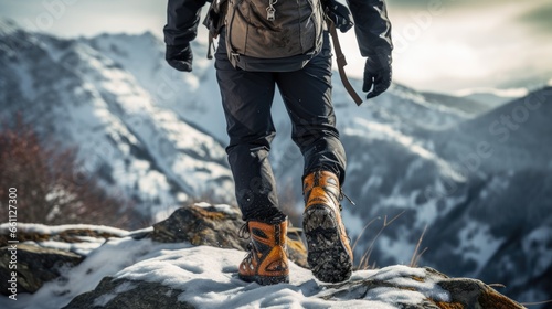 In the heart of a winter adventure, a hiking enthusiast's legs conquer rugged terrain, exemplifying the thrill of cold-weather exploration