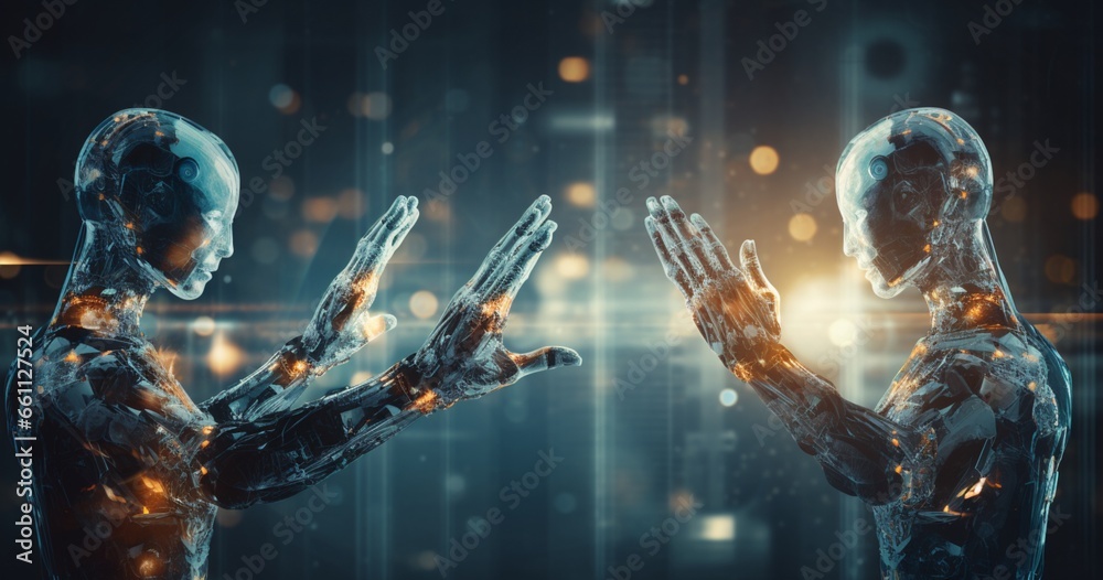 Naklejka premium Hand of businessman touching hand artificial intelligence meaning technology connection
