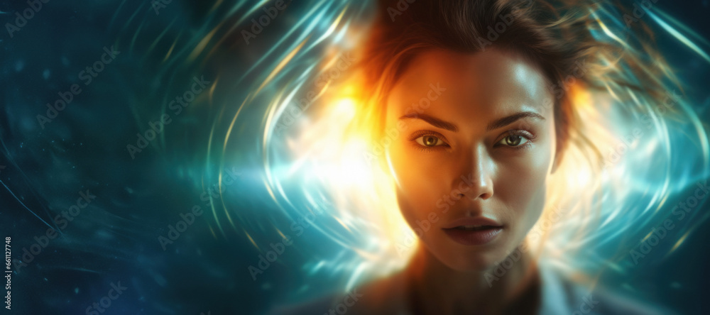 A woman's close-up portrait of self-awareness with the warm light tunnelling effect of teal A woman's close-up portrait of self-awareness with the warm light tunnelling effect of teal