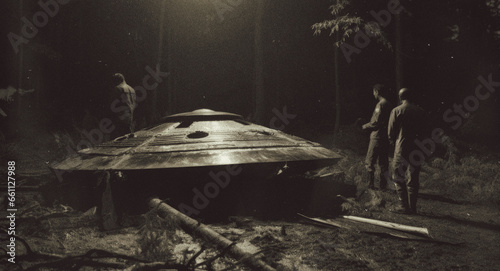 Film Photography Archive of Army men looking at a flying saucer landed in a forest at night