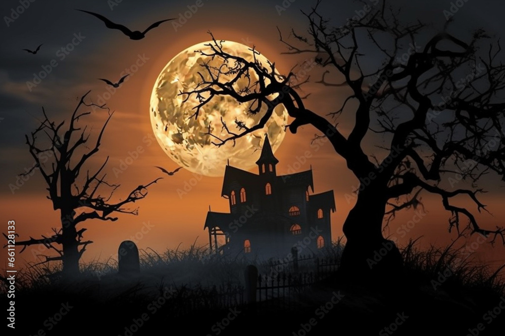 A Mesmerizing Halloween pumpkin head jack lantern with burning candles, Spooky Forest with a full moon and wooden table ,Extravaganza Under the Silver Glow of the Harvest Moon