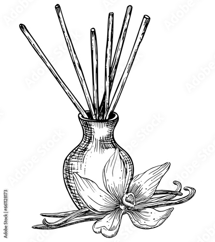 Diffuser with Vanilla flowers and Sticks. Hand drawn vector illustration on white isolated background. Linear drawing of refresher for fragrance and aroma therapy. Sketch of essential perfume for home