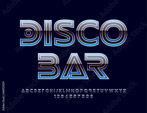 Vector premium banner Disco Bar. Trendy elegant Font. Futuristic style Alphabet Letters and Numbers.